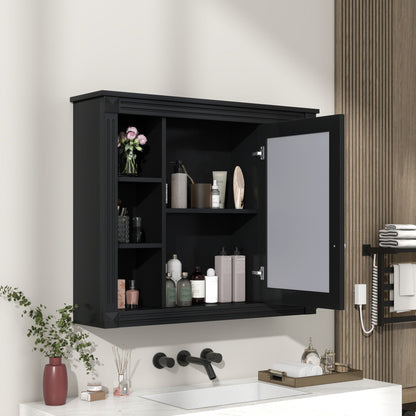 Black Wall Cabinet with Mirror and Open Shelves
