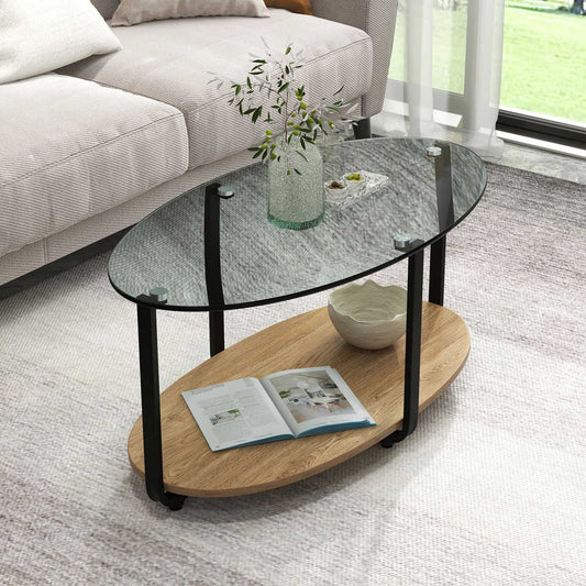 2-Tier Glass-Top Oval Coffee Table with Wooden Shelf for Living Room - Tampa Home & Garden Store
