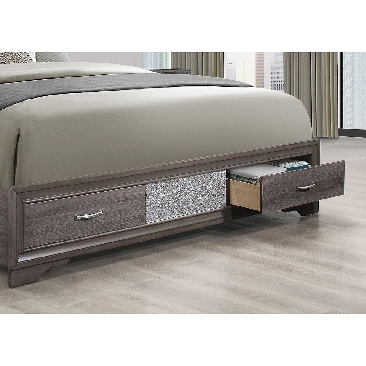 Ryder Bed Sparkle storage bed with 2 under-bed drawers, gray upholstered frame and dark wood base on Tampa Home & Garden Store