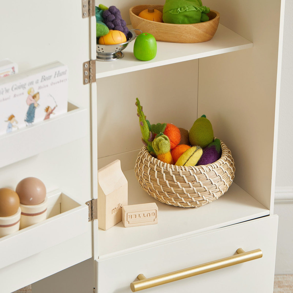 Tiny Land Play Kitchen Fridge wooden cabinet with felt fruit and veg basket on shelf for kids on Tampa Home & Garden Store