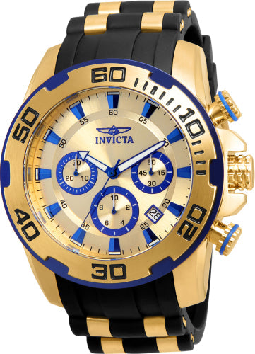 Invicta Pro Diver men's watch gold-tone case blue bezel black and gold strap three subdials on Tampa Home & Garden Store
