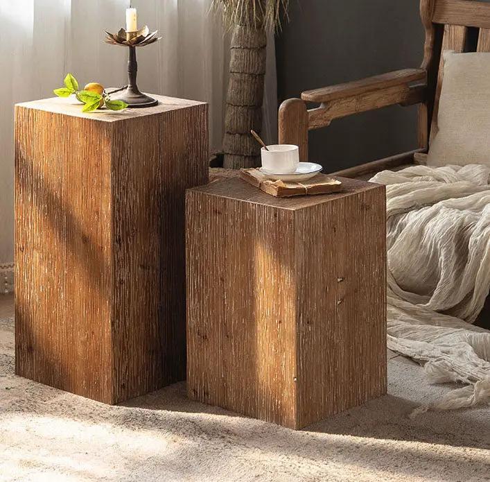 Retro solid wood square end tables in natural finish; candle/plant on tall and cup on short on Tampa Home & Garden Store
