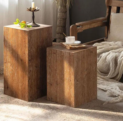 Retro solid wood square end tables in natural finish; candle/plant on tall and cup on short on Tampa Home & Garden Store