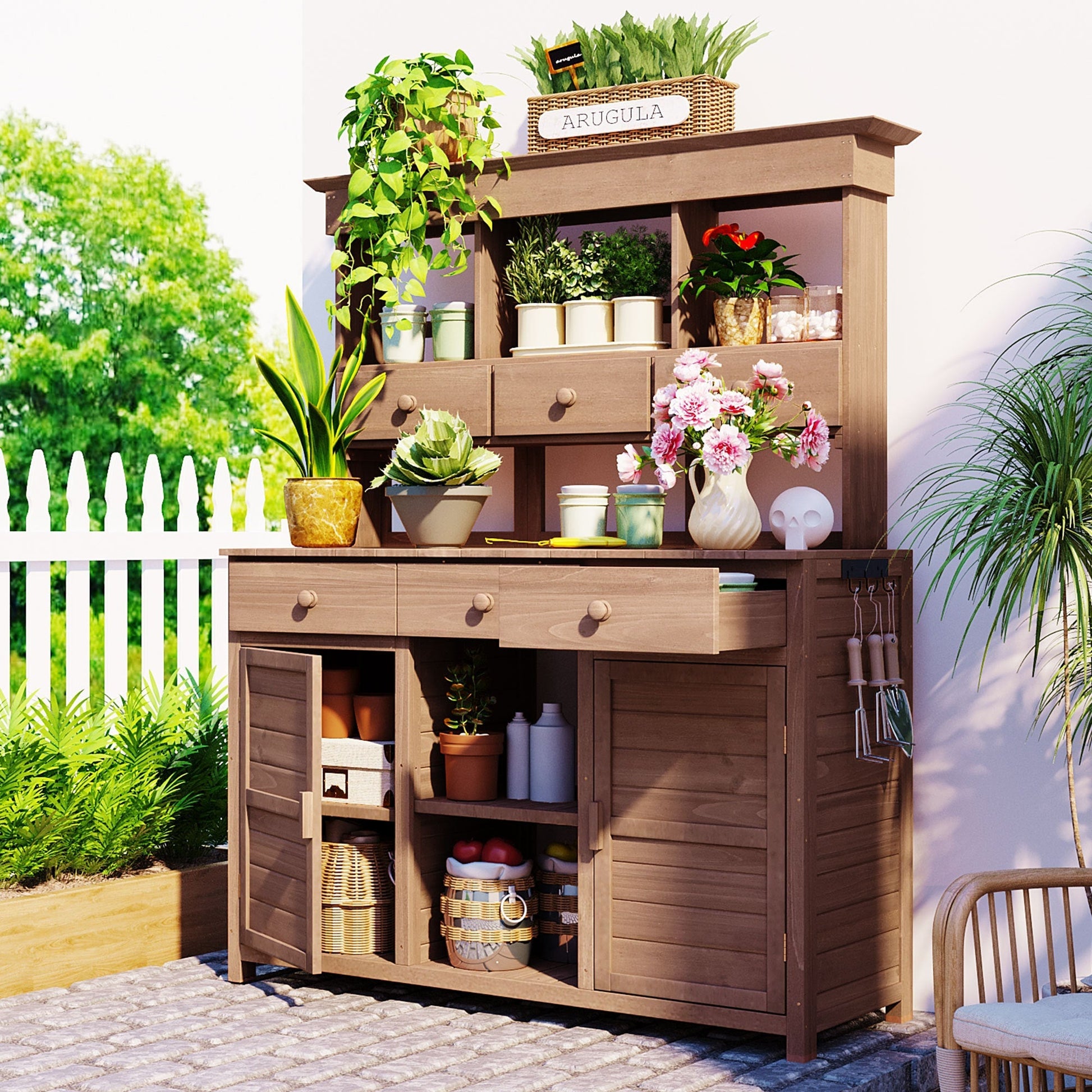 Topmax 65.7in tall wooden garden potting bench with hutch, brown outdoor workstation with plants on Tampa Home & Garden Store