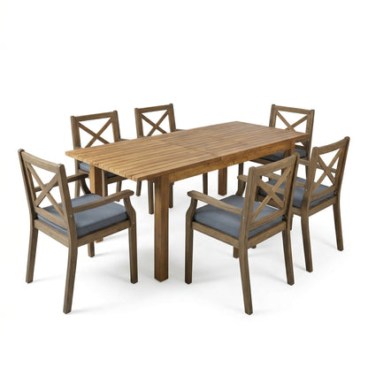 7-Piece Acacia Wood Outdoor Dining Set with slatted table and X-back chairs, gray cushions on Tampa Home & Garden Store