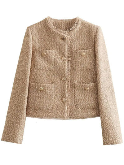 Luxury camel raw-hem pocketed round-neck jacket in boucle, lightweight outerwear on Tampa Home & Garden Store