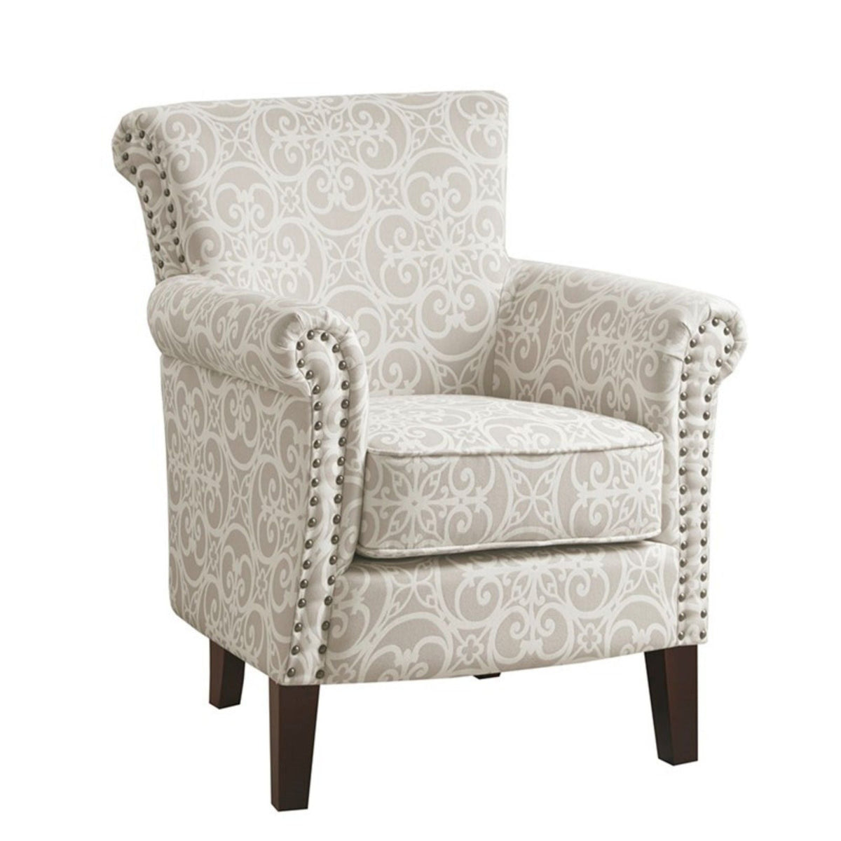 Tight Back Club Chair beige damask upholstery with nailhead trim and dark wood legs on Tampa Home & Garden Store