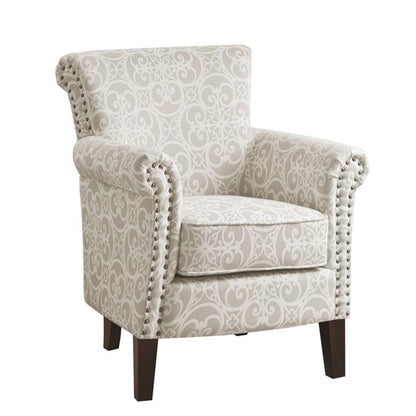 Tight Back Club Chair beige damask upholstery with nailhead trim and dark wood legs on Tampa Home & Garden Store