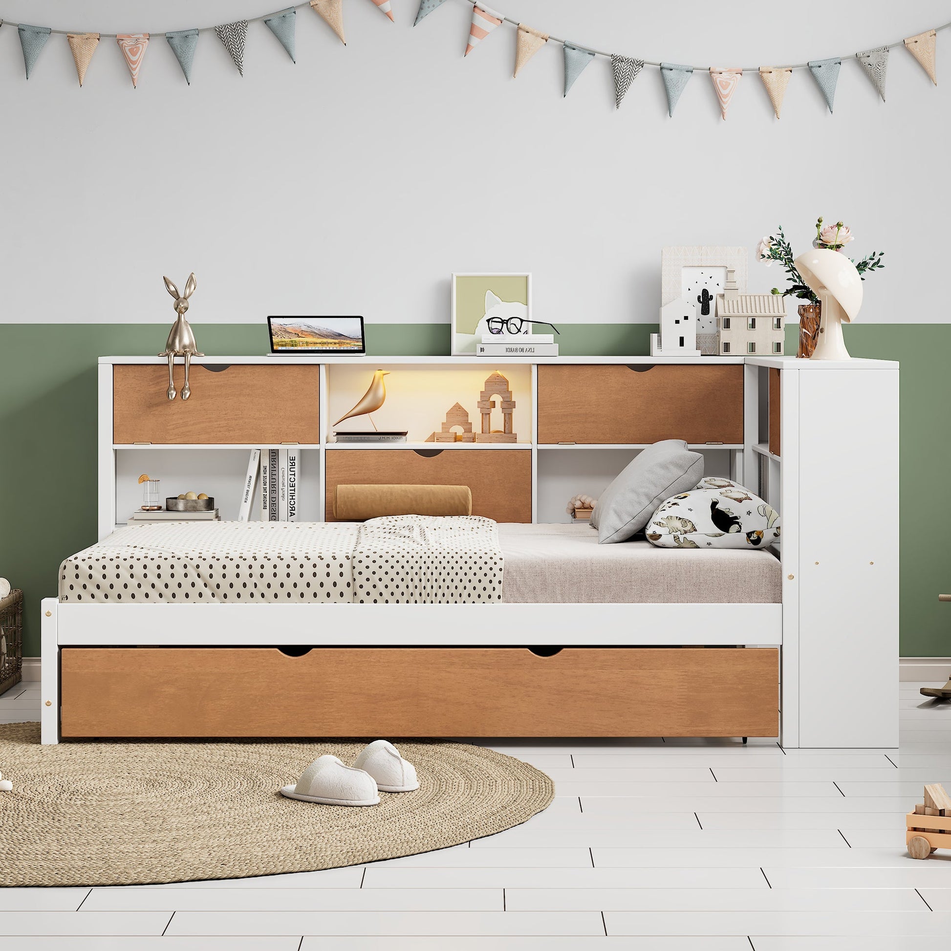 L-shaped bed frame with luggage and bookshelf, corner bed wooden captain's bed LED tube light and USB port walnut and white - Tampa Home & Garden Store