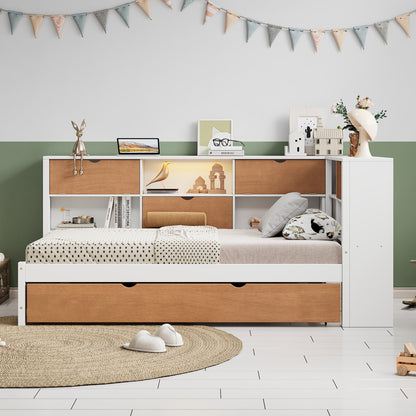 L-shaped bed frame with luggage and bookshelf, corner bed wooden captain's bed LED tube light and USB port walnut and white - Tampa Home & Garden Store