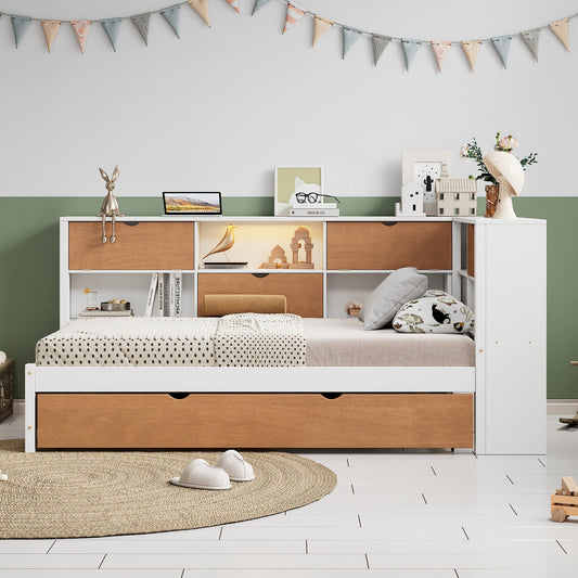 L-shaped bed frame with luggage and bookshelf, corner bed wooden captain's bed LED tube light and USB port walnut and white - Tampa Home & Garden Store