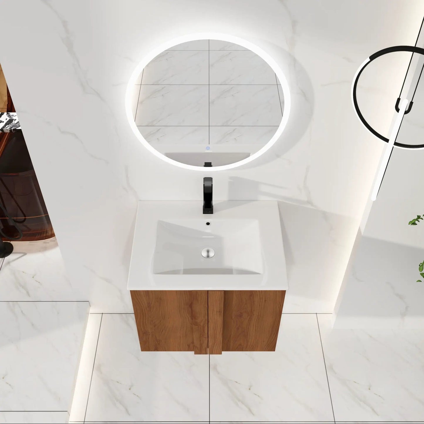 Floating vanity with sink, woodgrain base and white countertop; round LED mirror, 2-piece set on Tampa Home & Garden Store