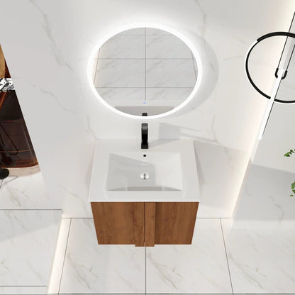Floating vanity with sink, woodgrain base and white countertop; round LED mirror, 2-piece set on Tampa Home & Garden Store