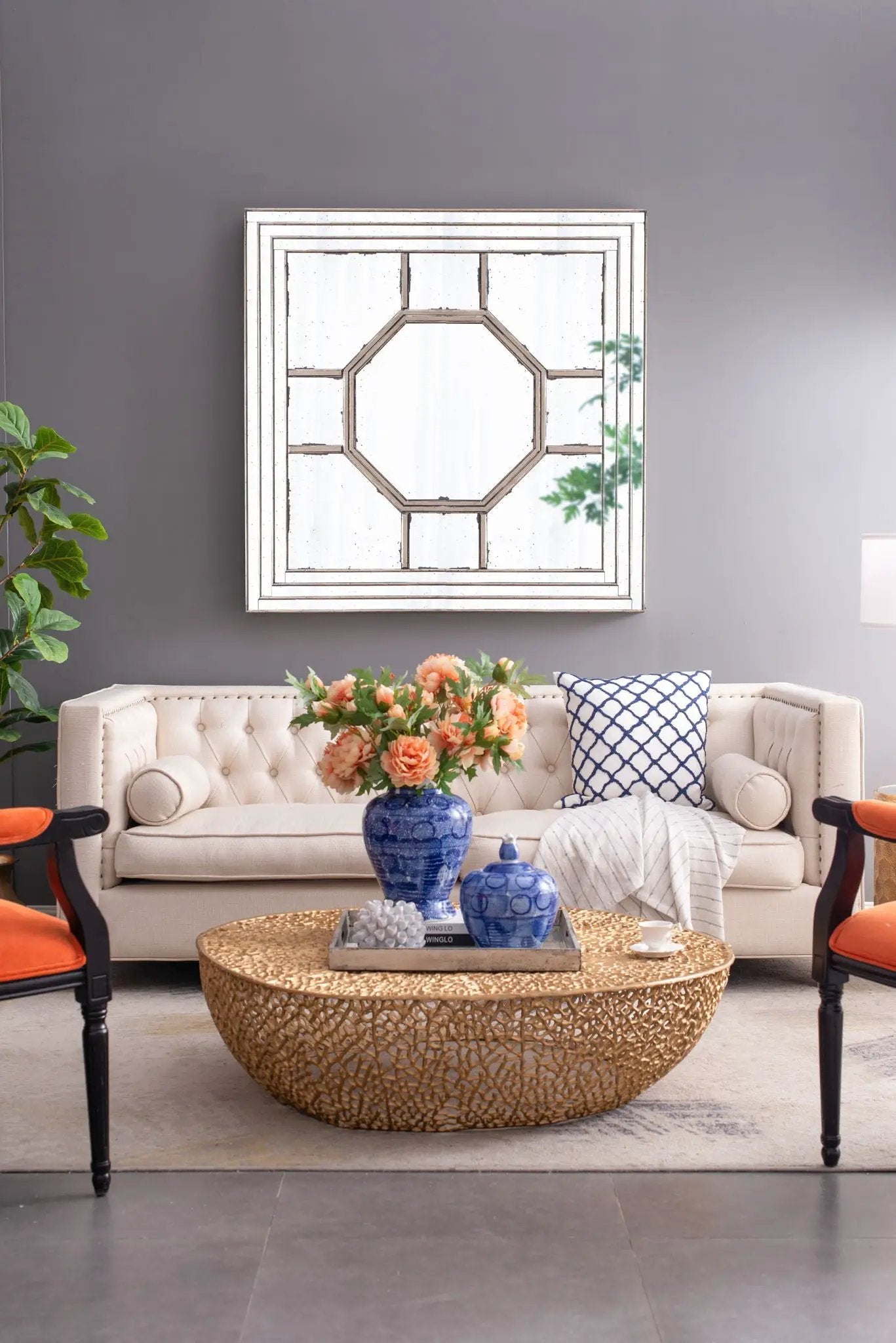 Antique style square wall mirror with distressed silver frame and octagon motif wall decor on Tampa Home & Garden Store