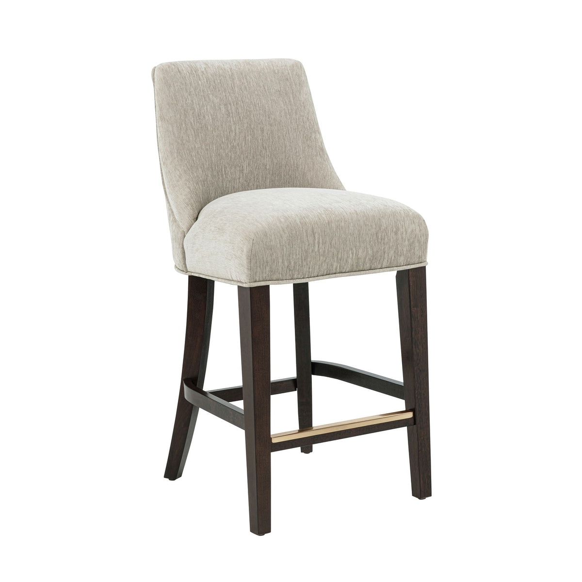Upholstered counter stool with backrest and footrest in beige fabric, dark wood legs on Tampa Home & Garden Store