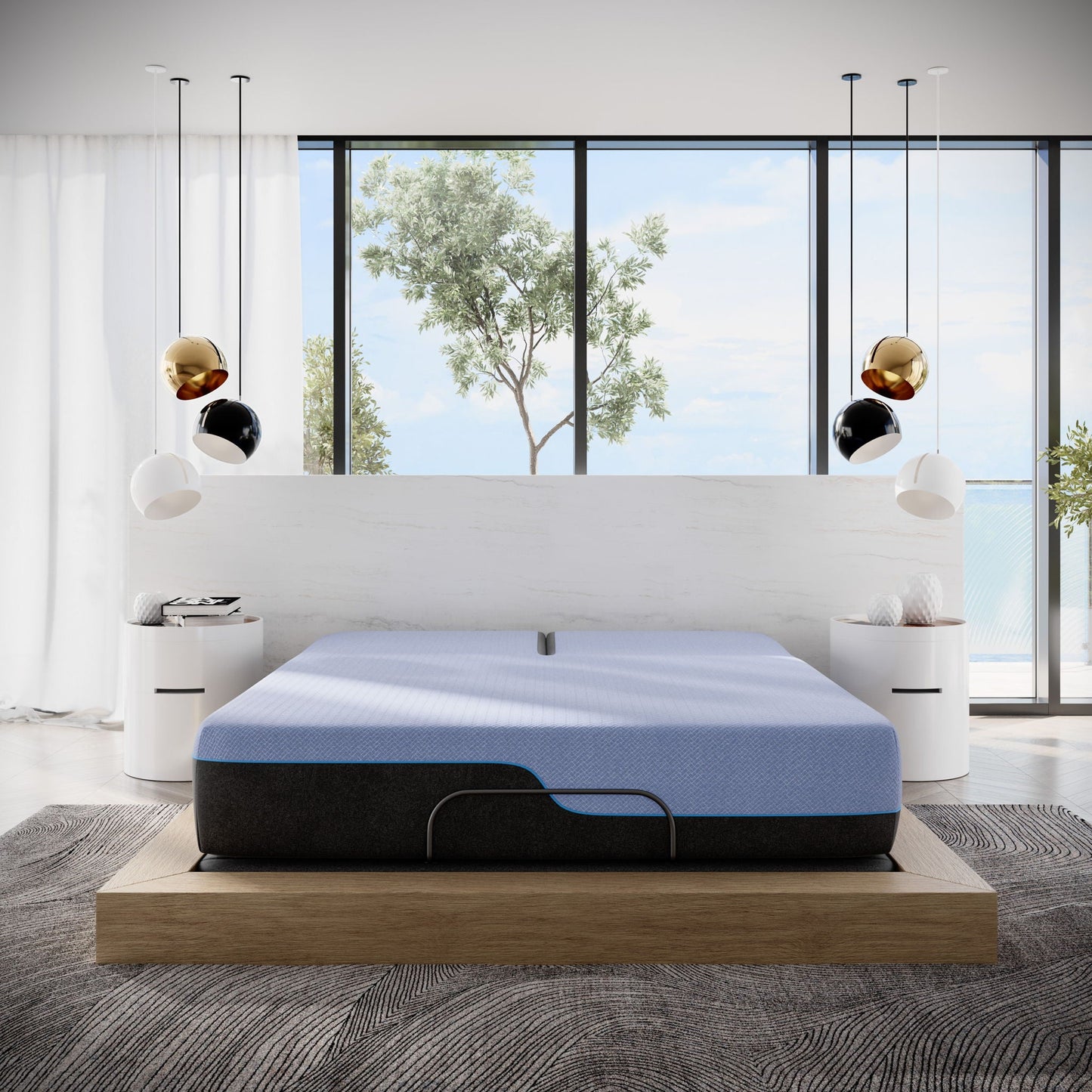 12-inch Refresh Hybrid Latex Foam & Coil Mattress by HouseOfZazla with blue cover on bed on Tampa Home & Garden Store