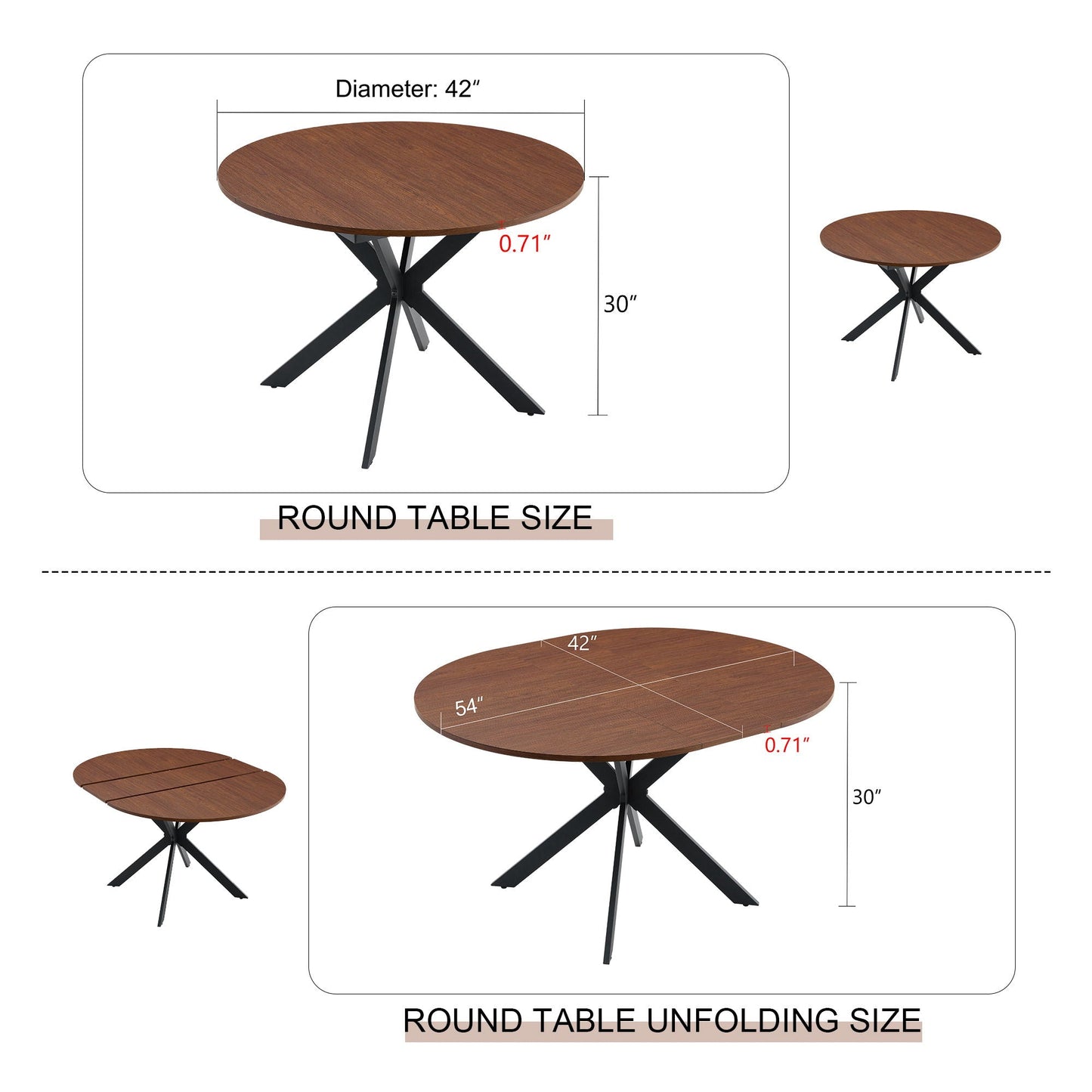 Extendable walnut round dining table, 42-in dia, extends to 54-in, X-base HouseOfZazla on Tampa Home & Garden Store