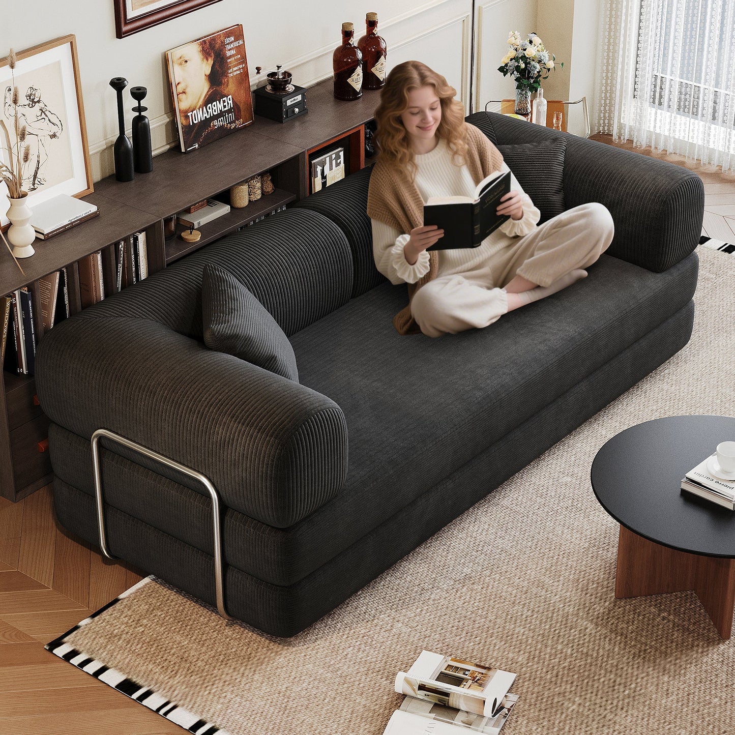 Corduroy compression sofa in dark gray with pillow-back in living room on Tampa Home & Garden Store