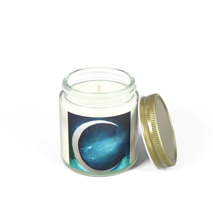 Coconut apricot wax scented candle in clear glass jar with space label and gold lid 4oz/9oz on Tampa Home & Garden Store