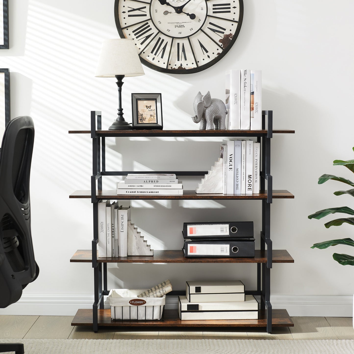 4-storey office bookshelf, rural wooden metal bookshelf, independent open bookshelf, industrial high angle bookshelf - Tampa Home & Garden Store