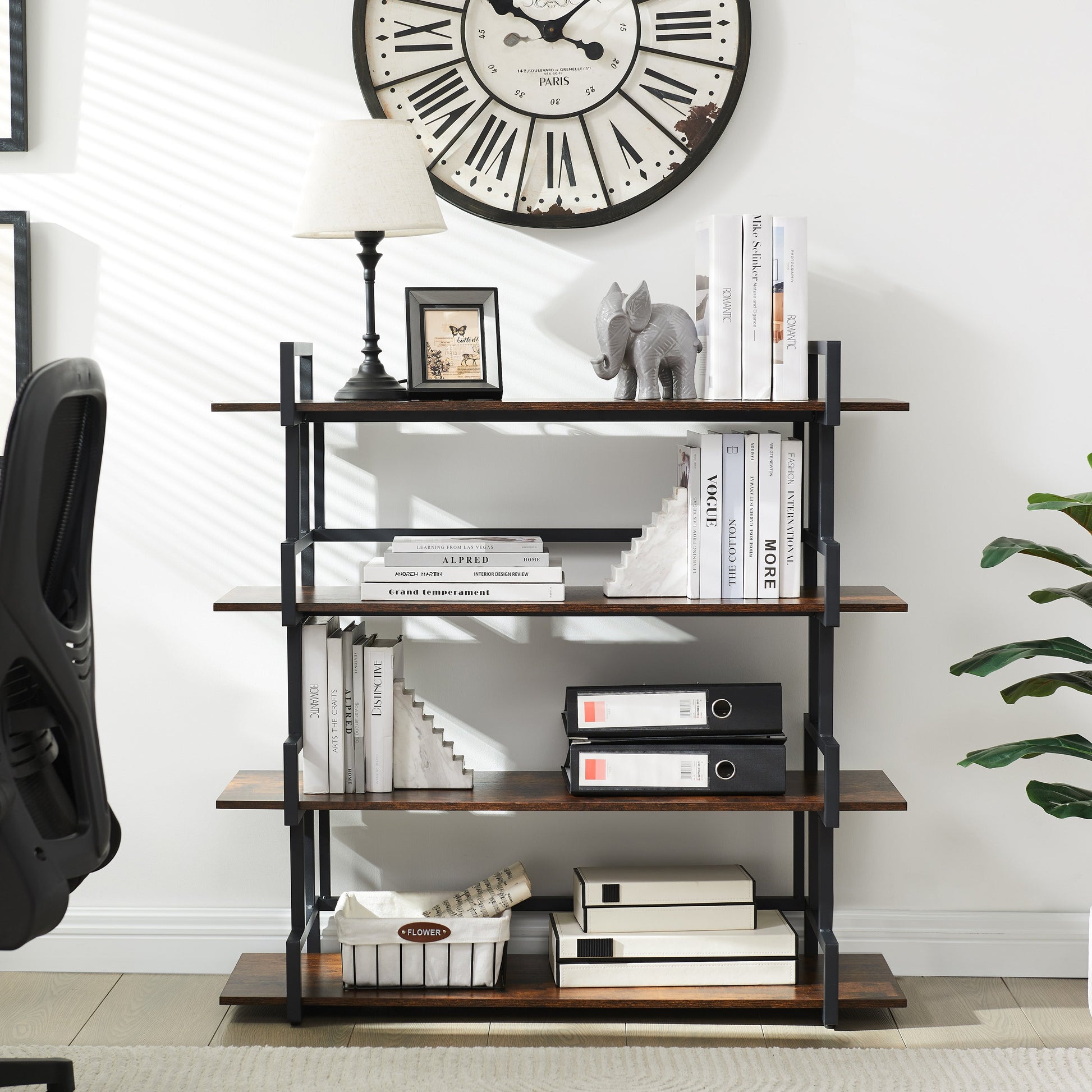 4-storey office bookshelf, rural wooden metal bookshelf, independent open bookshelf, industrial high angle bookshelf - Tampa Home & Garden Store