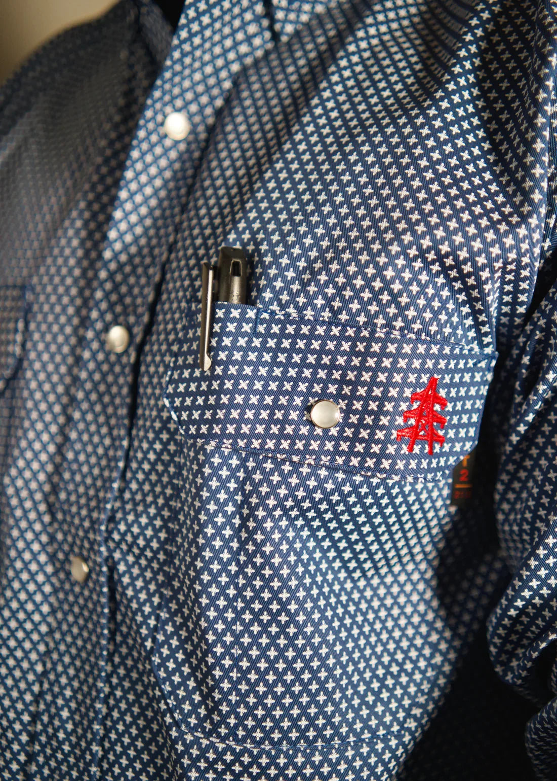 FR Pearl Snap Work Shirt Honor Navy Static FR blue fabric, chest pocket red tree embroidery on Tampa Home & Garden Store
