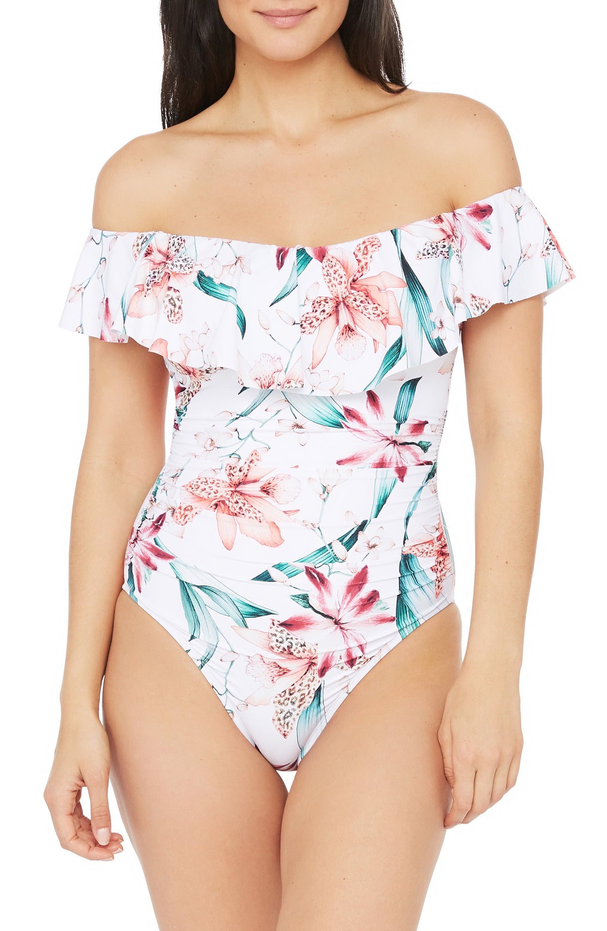 One-piece swimsuit Vanessa Jane floral off-shoulder with a ruffle neckline, white base on Tampa Home & Garden Store