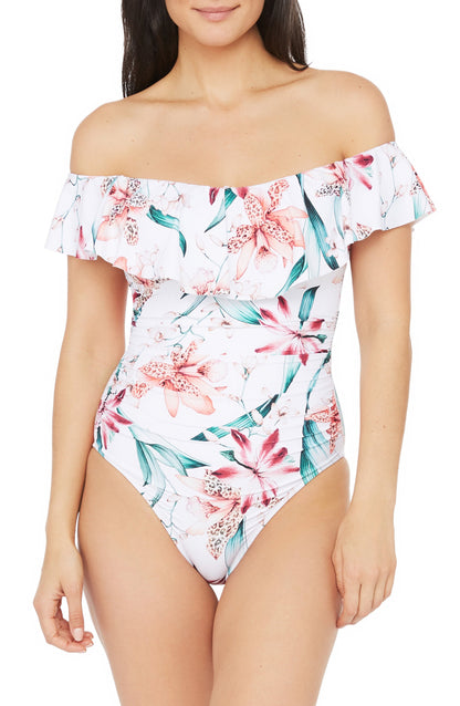One-piece swimsuit Vanessa Jane floral off-shoulder with a ruffle neckline, white base on Tampa Home & Garden Store