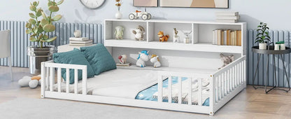 Floor Bed With Side Bookcase and Guard Rails