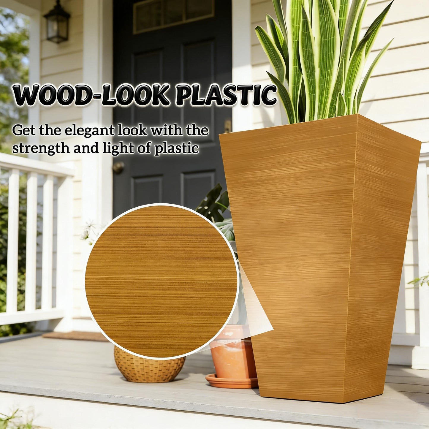 Classic set of 3 tall outdoor planters with wood-look finish by HouseOfZazla on Tampa Home & Garden Store