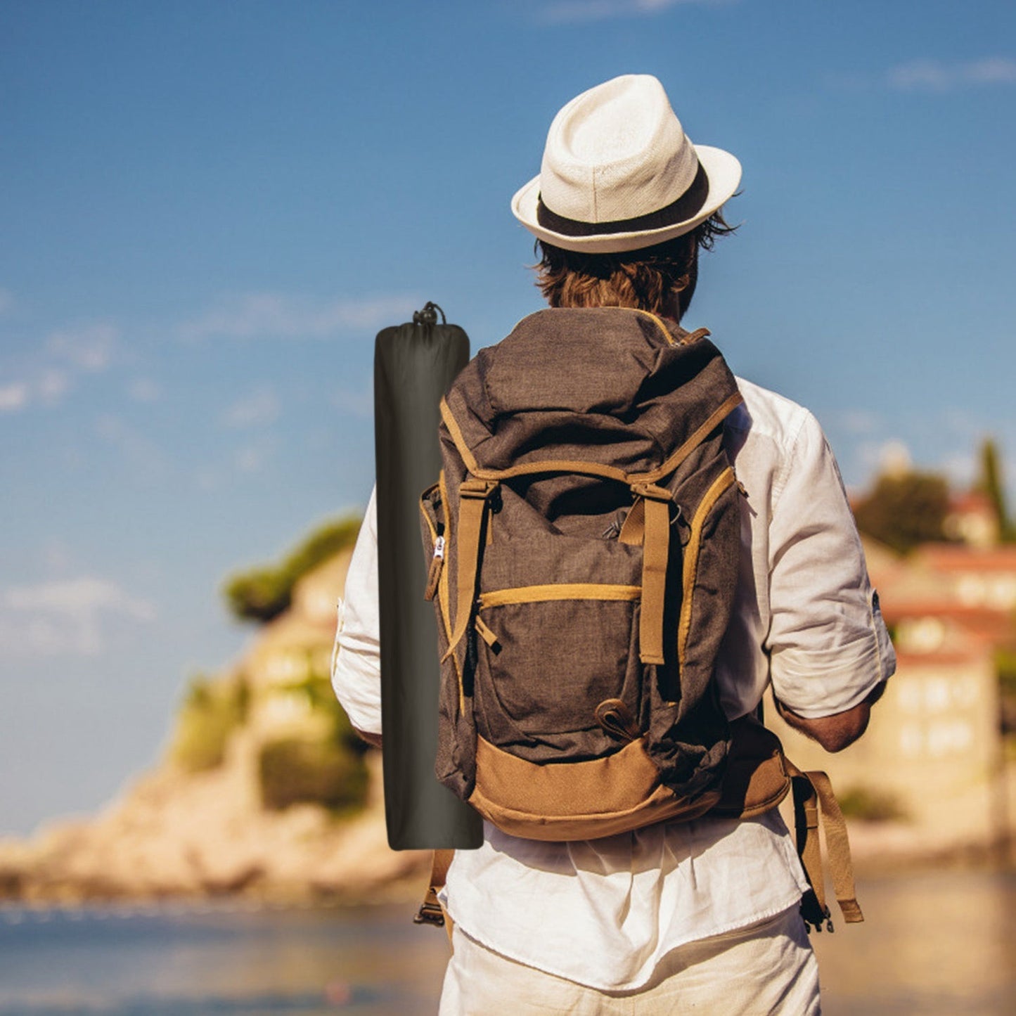 GemGear 2Pcs foldable camping tables in a black carrying bag strapped to a backpack on Tampa Home & Garden Store