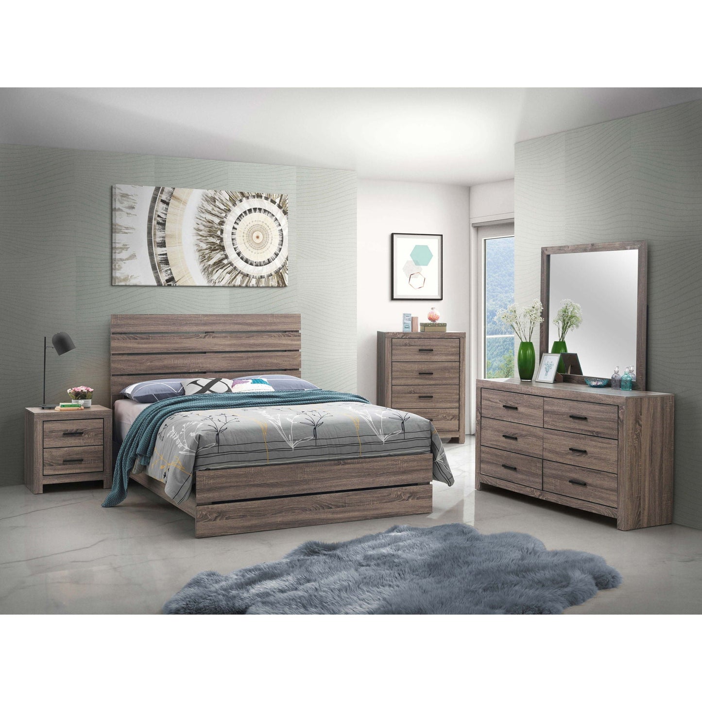 Geary Panel Bed by HouseOfZazla in grey wood with 2 dressers and a nightstand on Tampa Home & Garden Store