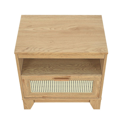Modern Cane Accent Nightstand with 1 Drawer in oak finish and woven cane front on Tampa Home & Garden Store