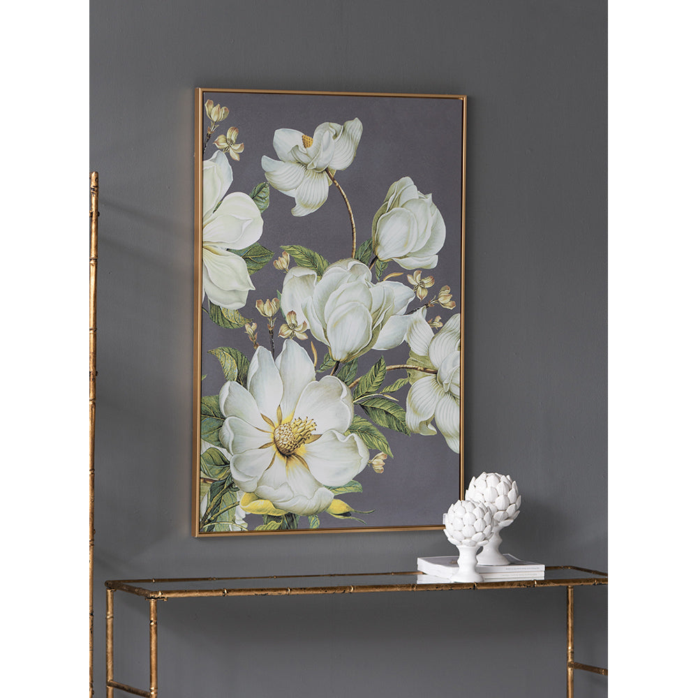 Botanical wall art print with gold microfiber frame, white magnolia blooms on gray background on Tampa Home & Garden Store