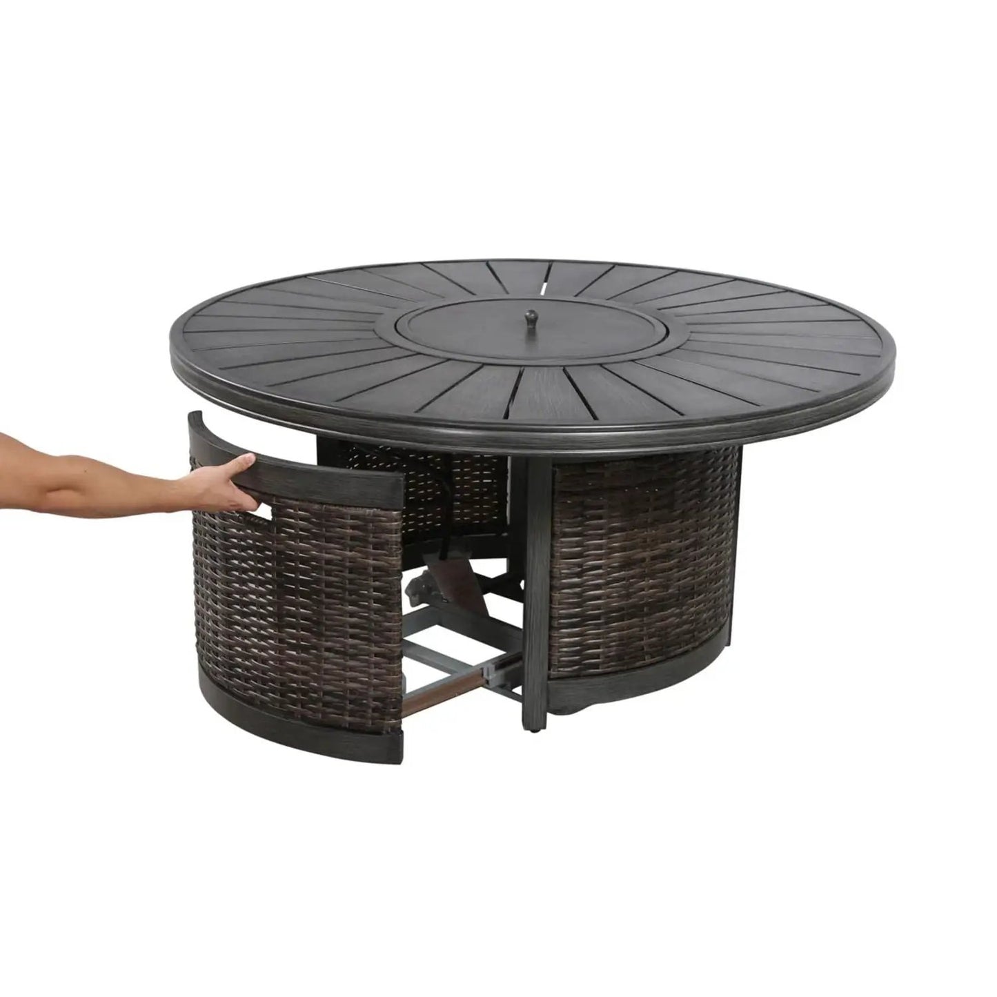 All Weather 4 Person Patio Sofa Set round brown wicker fire pit table with center lid on Tampa Home & Garden Store