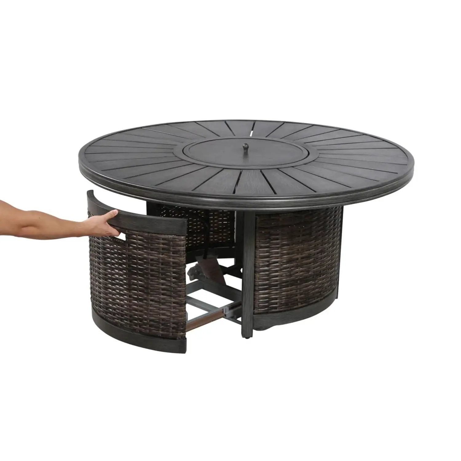 All Weather 4 Person Patio Sofa Set round brown wicker fire pit table with center lid on Tampa Home & Garden Store
