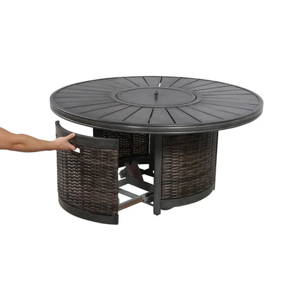 All Weather 4 Person Patio Sofa Set round brown wicker fire pit table with center lid on Tampa Home & Garden Store