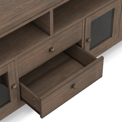 Wide handcrafted solid wood media stand with glass-front cabinet and open shelves, dark brown on Tampa Home & Garden Store