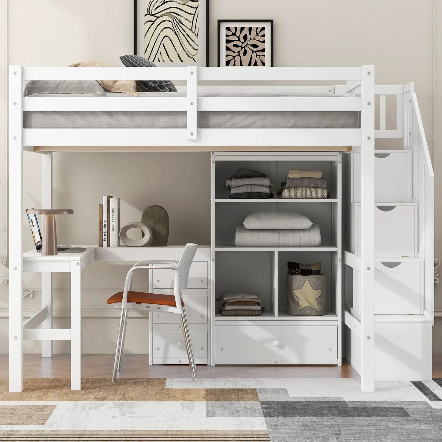 Loft Bed and L Shaped Desk With Storage Drawers