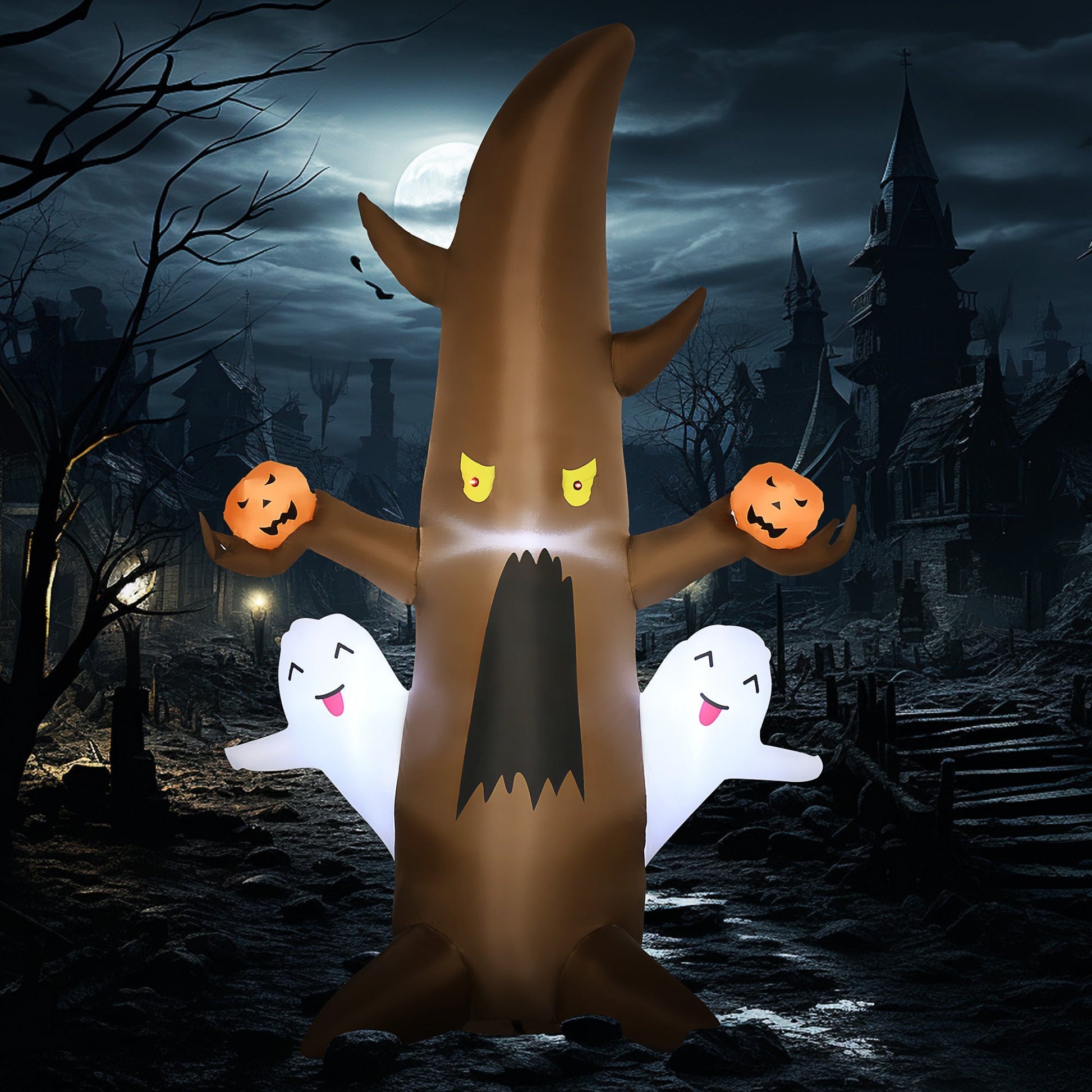 5FT Halloween Ghost Tree inflatable by HouseOfZazla with brown trunk and yellow eyes on Tampa Home & Garden Store