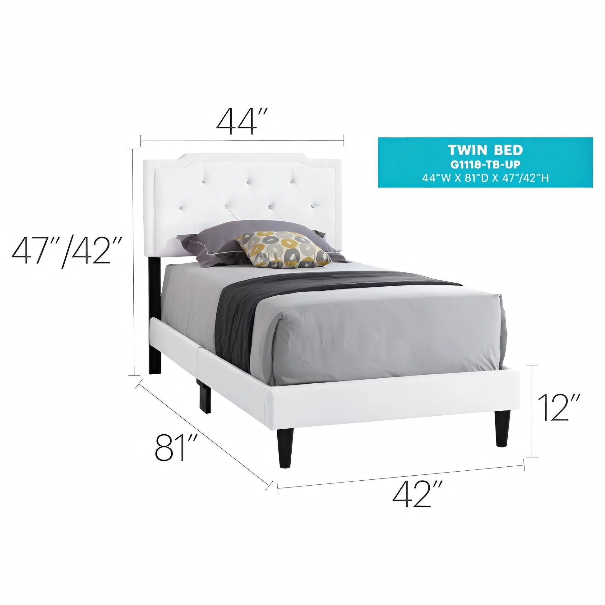 Button Tufted Upholstered Twin Bed by Unique Piece Furniture, white fabric, black legs on Tampa Home & Garden Store