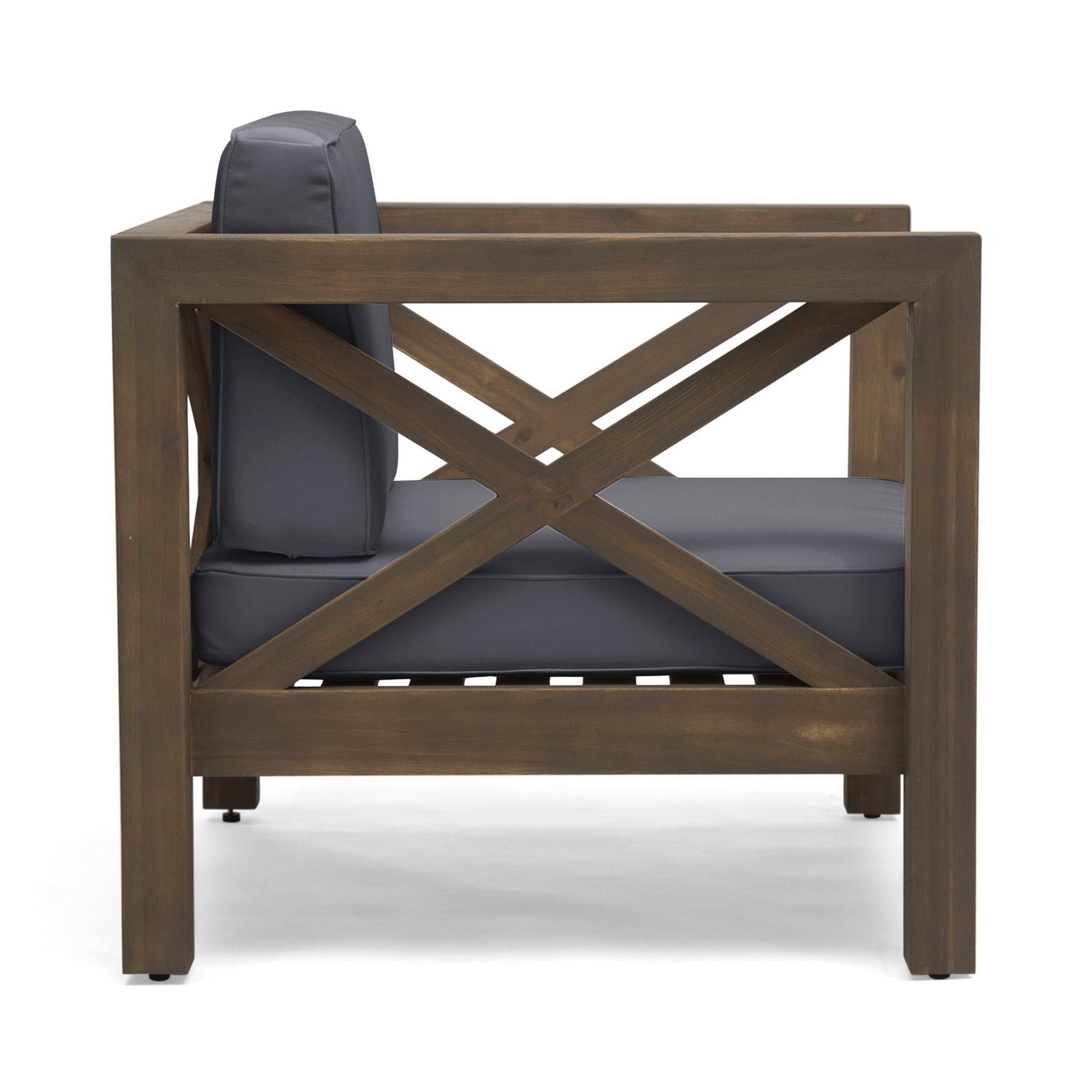 Brava Mid-Century Club Chair outdoor with dark gray weatherproof cushions and brown wood frame on Tampa Home & Garden Store