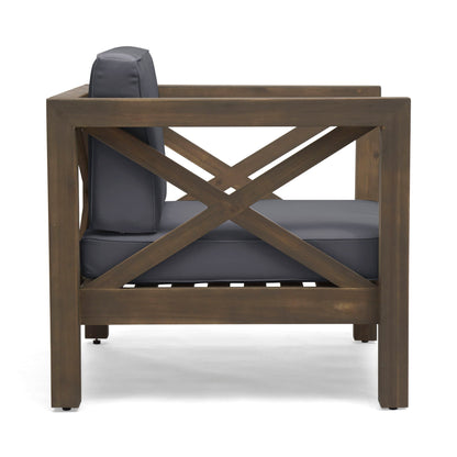 Brava Mid-Century Club Chair outdoor with dark gray weatherproof cushions and brown wood frame on Tampa Home & Garden Store