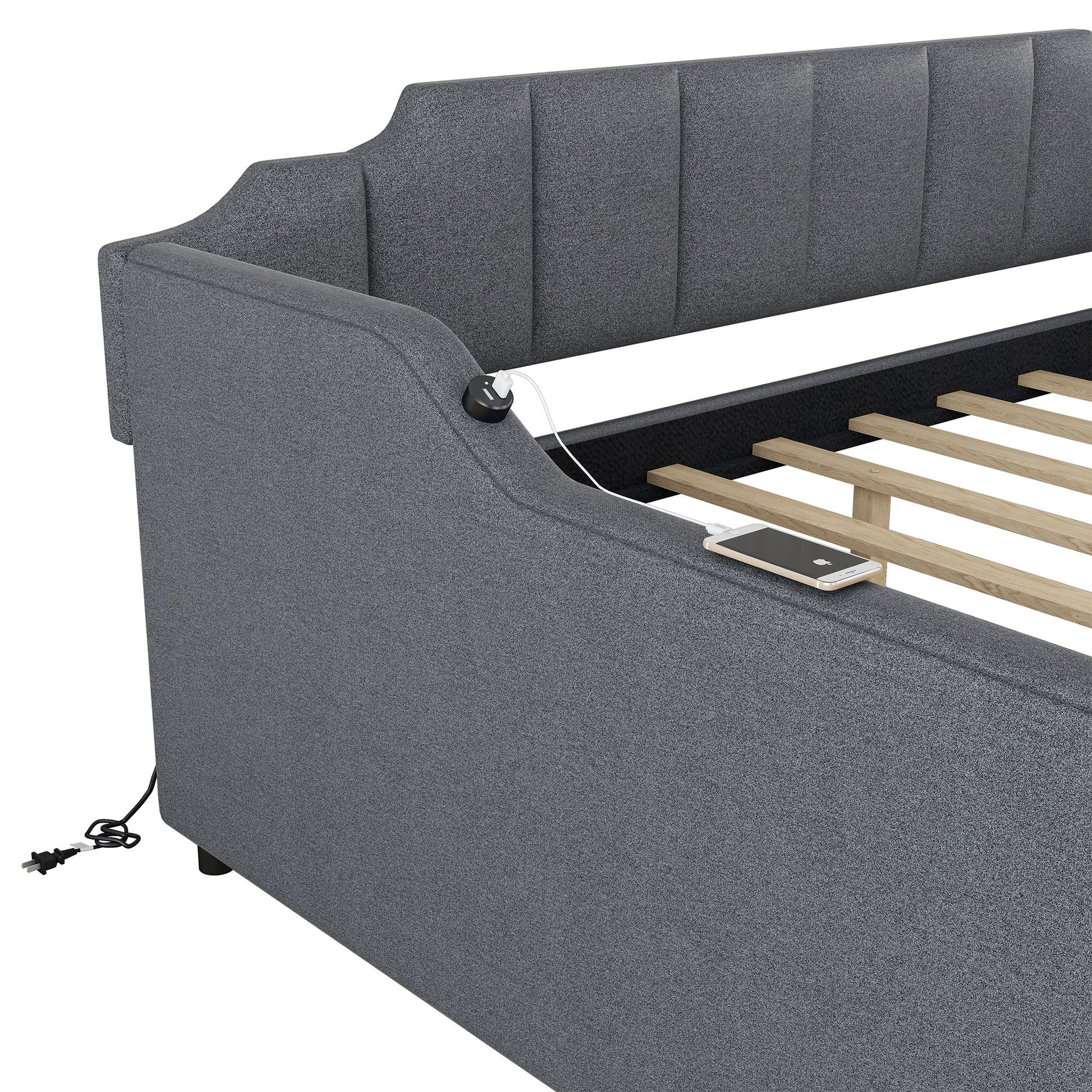 Full-size upholstered daybed with trundle and USB charging in gray fabric by HouseOfZazla on Tampa Home & Garden Store