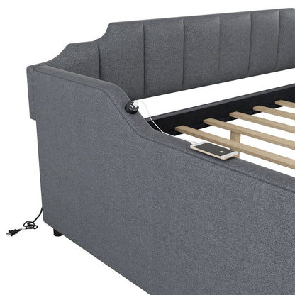 Full-size upholstered daybed with trundle and USB charging in gray fabric by HouseOfZazla on Tampa Home & Garden Store