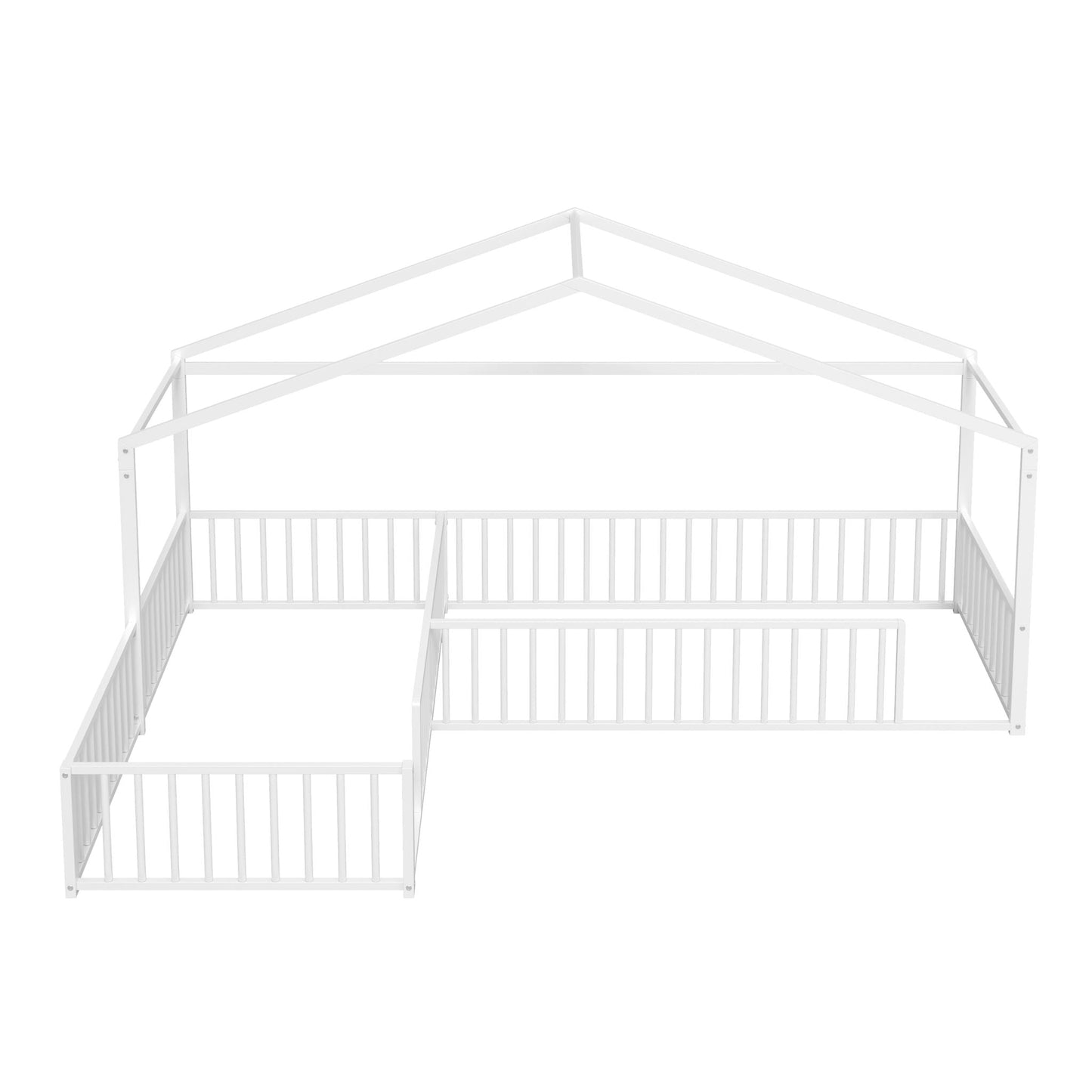 L-Shaped Montessori Bed for 2 Kids with Partitioned Fence, white metal frame on Tampa Home & Garden Store