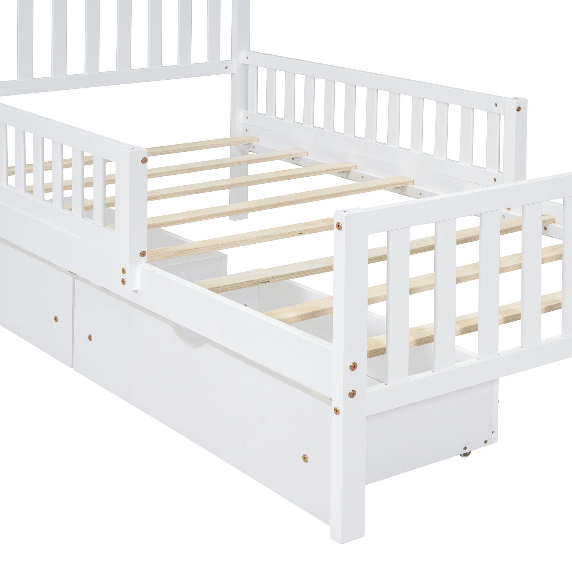Platform bed with guardrails on both sides and two storage drawers, white frame with slat base on Tampa Home & Garden Store
