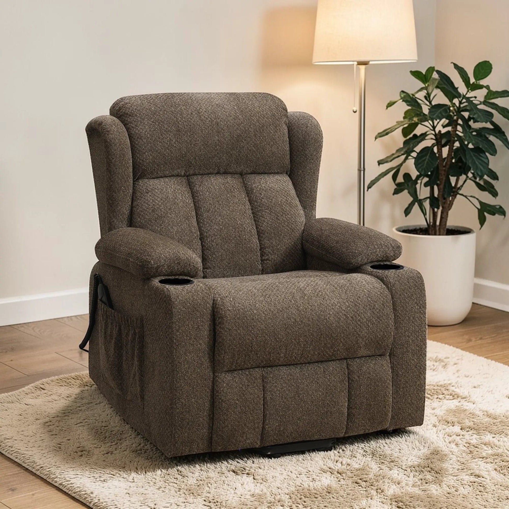 Lusio power motion lift recliner with cup holders in brown fabric by Unique Piece Furniture on Tampa Home & Garden Store