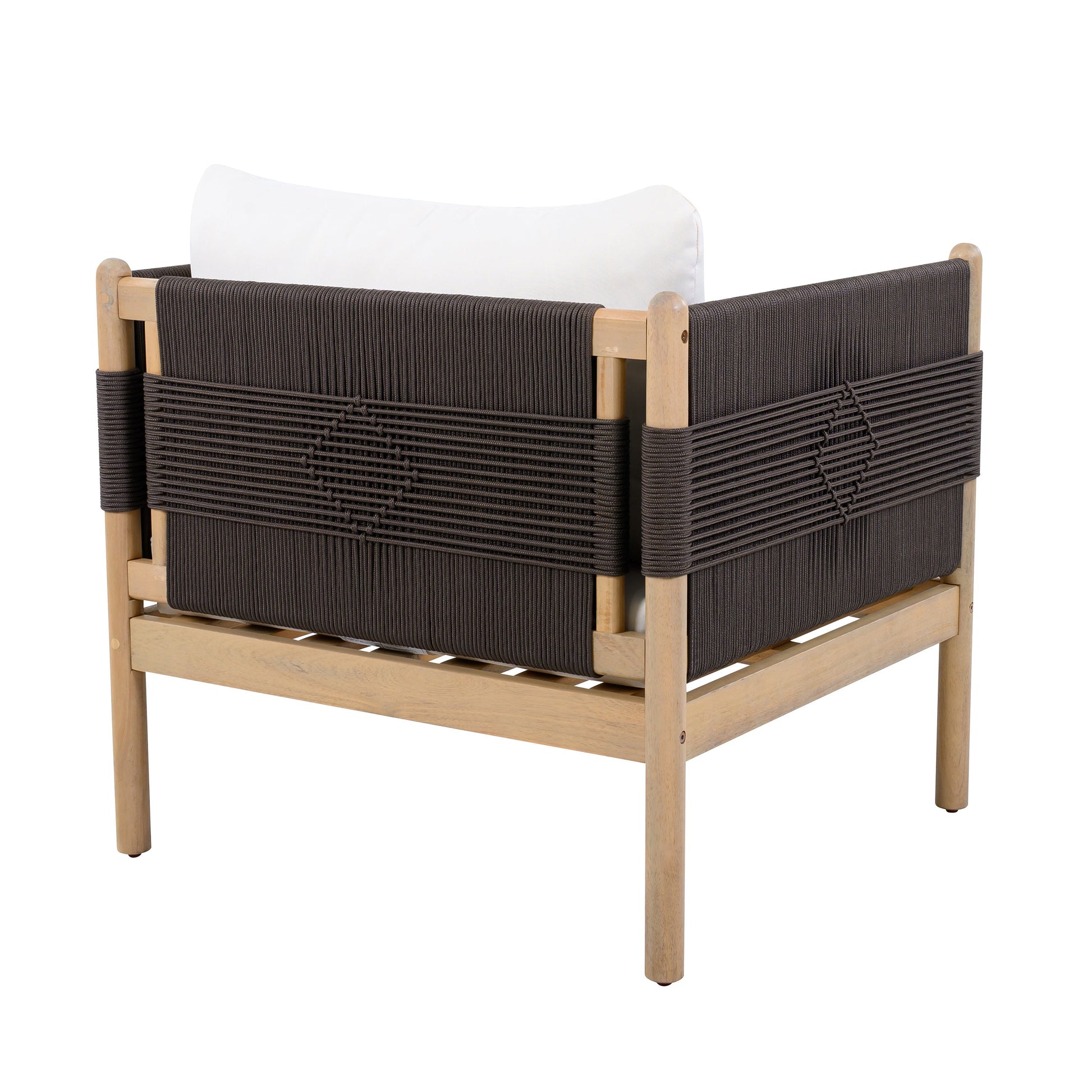 Outdoor Acacia Wood Club Chair with diamond rope weave and white cushions, light teak on Tampa Home & Garden Store
