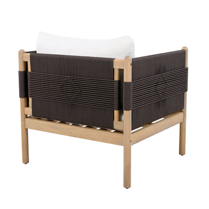 Outdoor Acacia Wood Club Chair with diamond rope weave and white cushions, light teak on Tampa Home & Garden Store